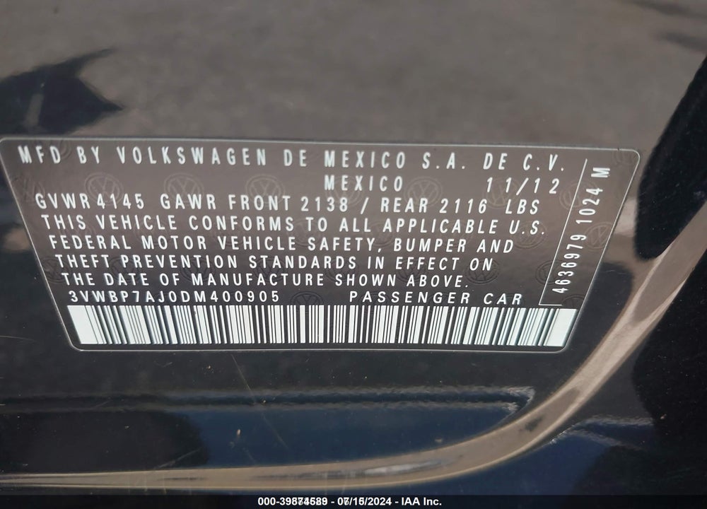 2013 VOLKSWAGEN JETTA 2.5L SE VIN: 3VWBP7AJ0DM400905