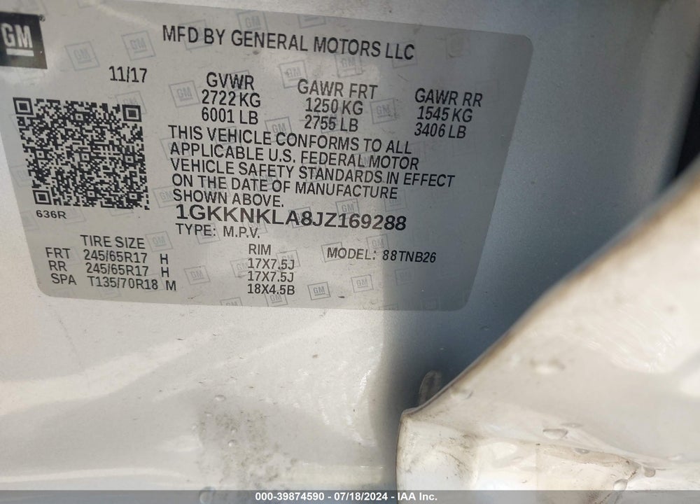 2018 GMC ACADIA SLE-1 VIN: 1GKKNKLA8JZ169288