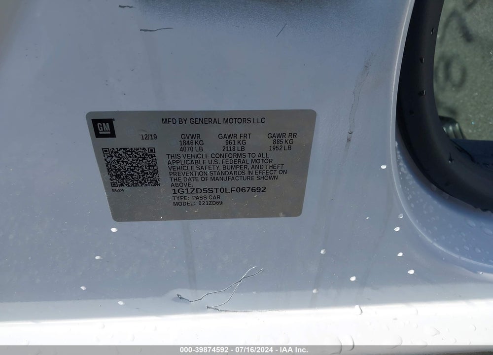 2020 CHEVROLET MALIBU FWD LT VIN: 1G1ZD5ST0LF067692