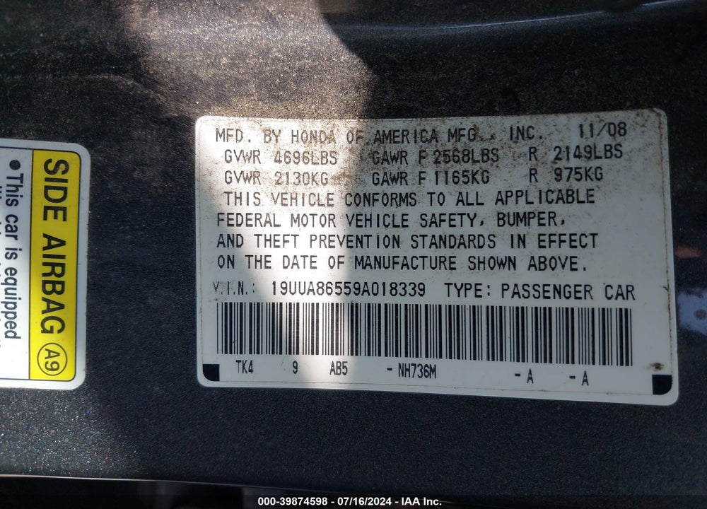 2009 ACURA TL 3.5 VIN: 19UUA86559A018339