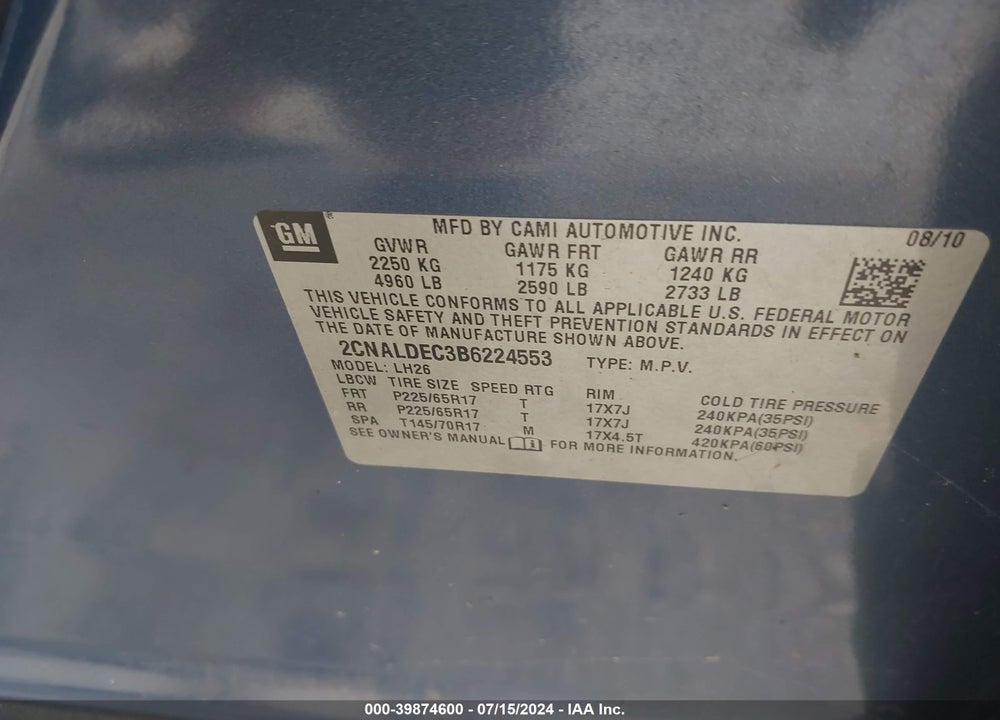 2011 CHEVROLET EQUINOX VIN: 2CNALDEC3B6224553