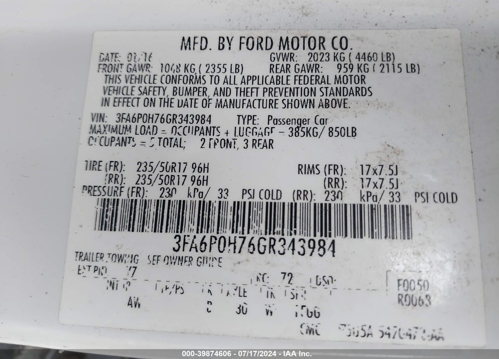 2016 FORD FUSION SE VIN: 3FA6P0H76GR343984