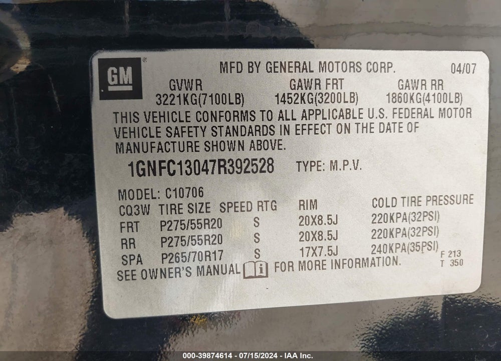 2007 CHEVROLET TAHOE LT VIN: 1GNFC13047R392528