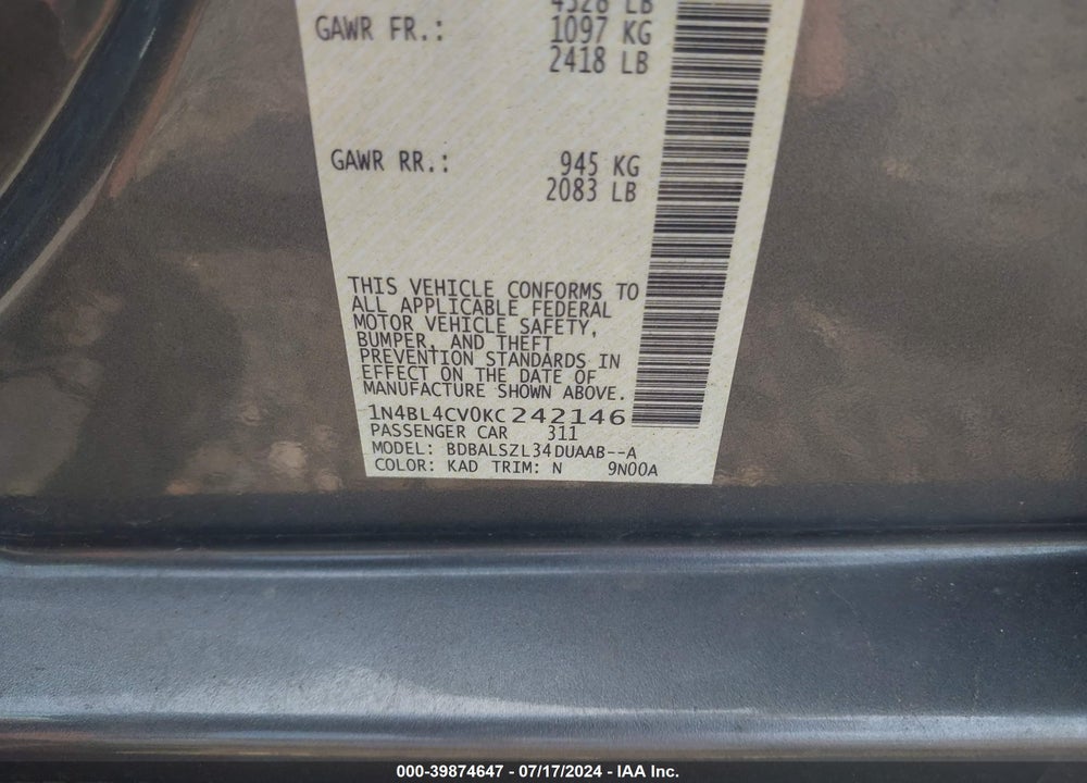 2019 NISSAN ALTIMA 2.5 SR VIN: 1N4BL4CV0KC242146