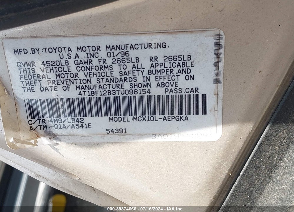 1996 TOYOTA AVALON XL/XLS VIN: 4T1BF12B3TU098154