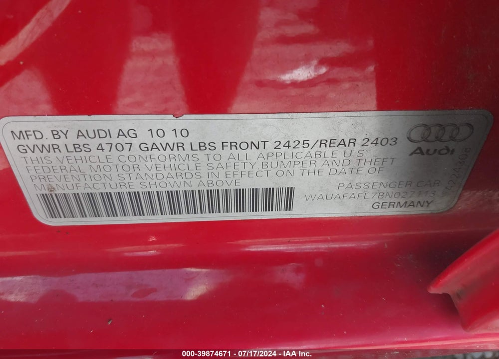 2011 AUDI A4 2.0T PREMIUM VIN: WAUAFAFL7BN027113