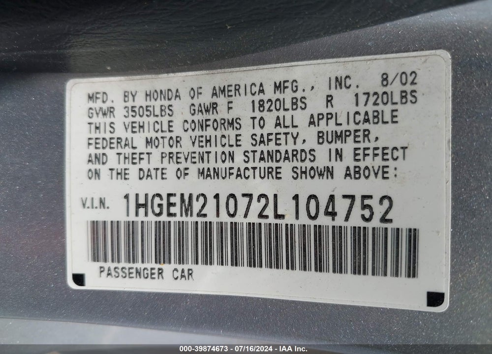 2002 HONDA CIVIC EX VIN: 1HGEM21072L104752
