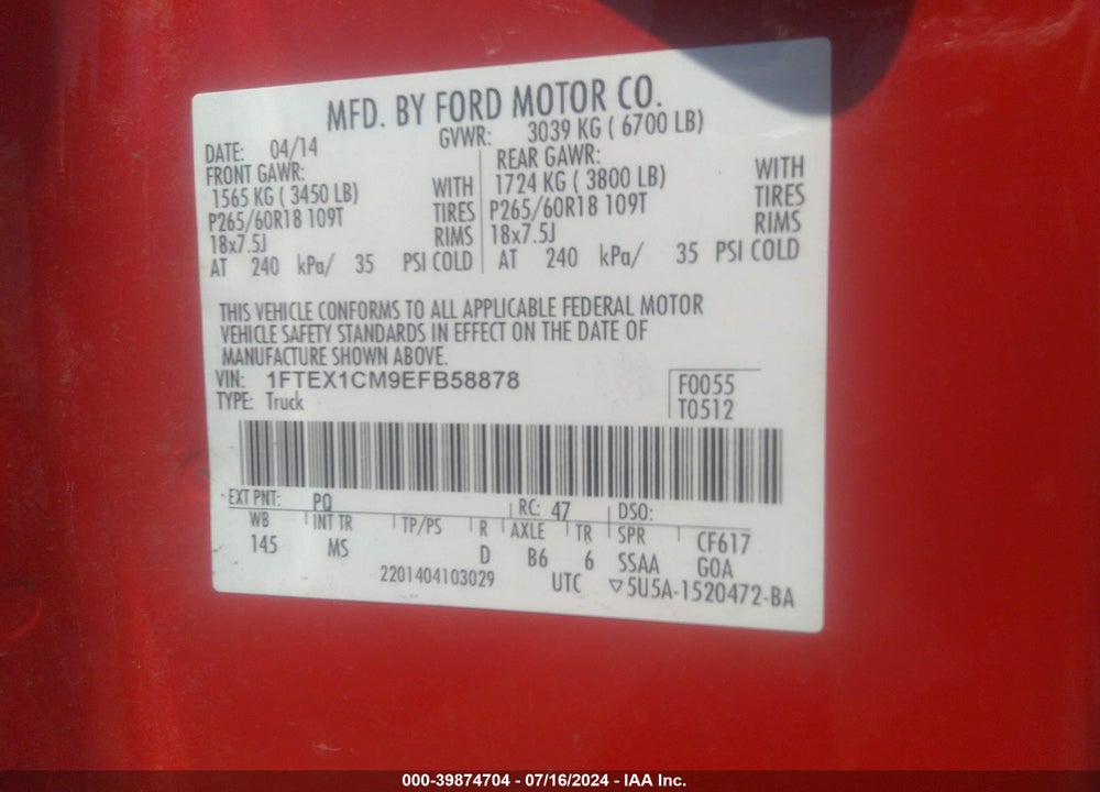 2014 FORD F-150 XLT VIN: 1FTEX1CM9EFB58878