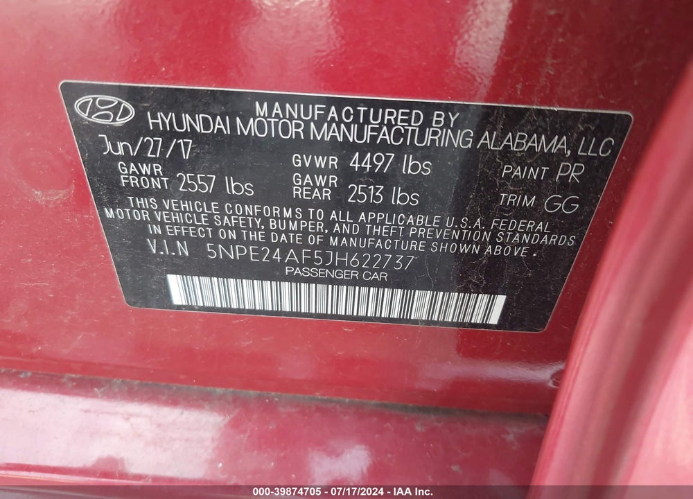 2018 HYUNDAI SONATA SE VIN: 5NPE24AF5JH622737
