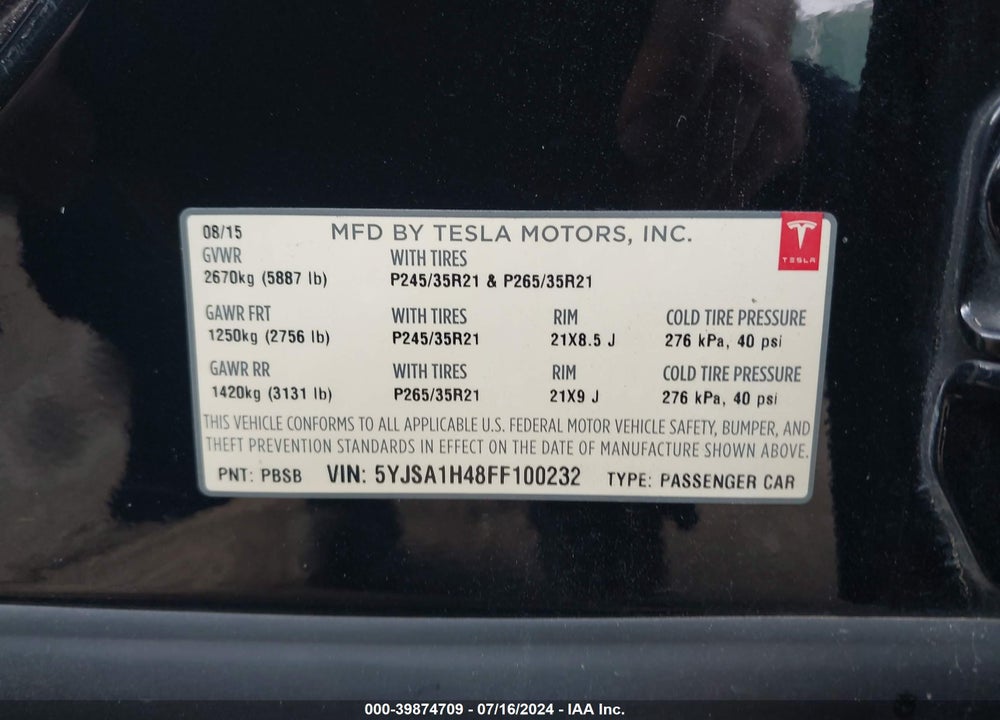 2015 TESLA MODEL S 85D/P85D VIN: 5YJSA1H48FF100232