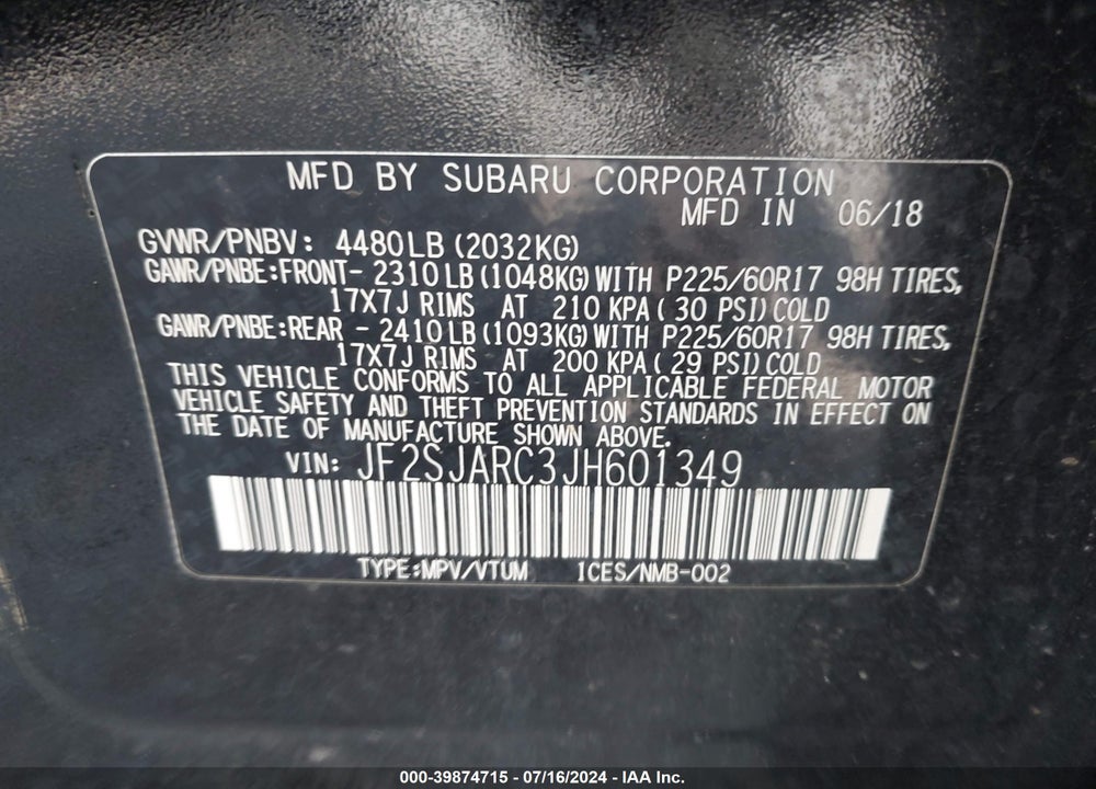 2018 SUBARU FORESTER 2.5I LIMITED VIN: JF2SJARC3JH601349