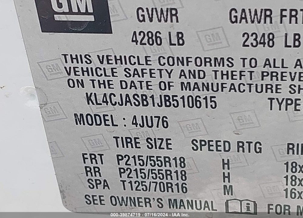 2018 BUICK ENCORE PREFERRED VIN: KL4CJASB1JB510615
