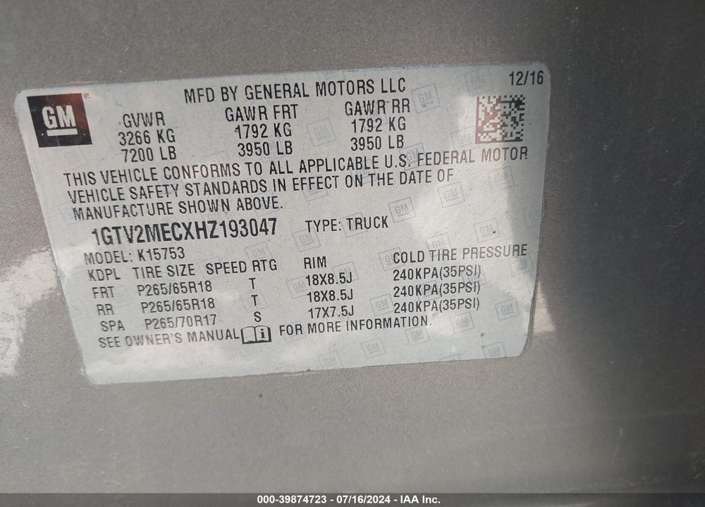 2017 GMC SIERRA 1500 SLE VIN: 1GTV2MECXHZ193047