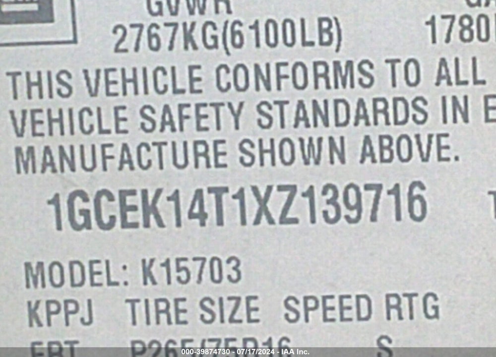 1999 CHEVROLET SILVERADO 1500 LS VIN: 1GCEK14T1XZ139716