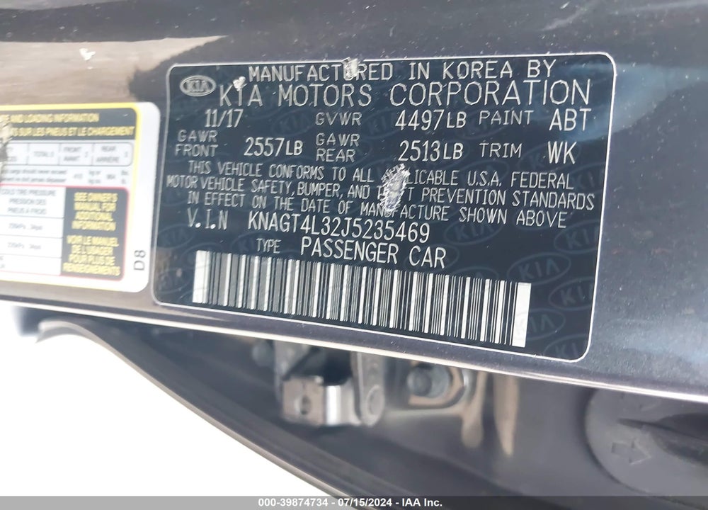 2018 KIA OPTIMA LX VIN: KNAGT4L32J5235469