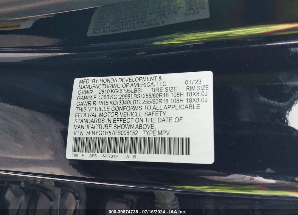 2023 HONDA PILOT VIN: 5FNYG1H57PB006152
