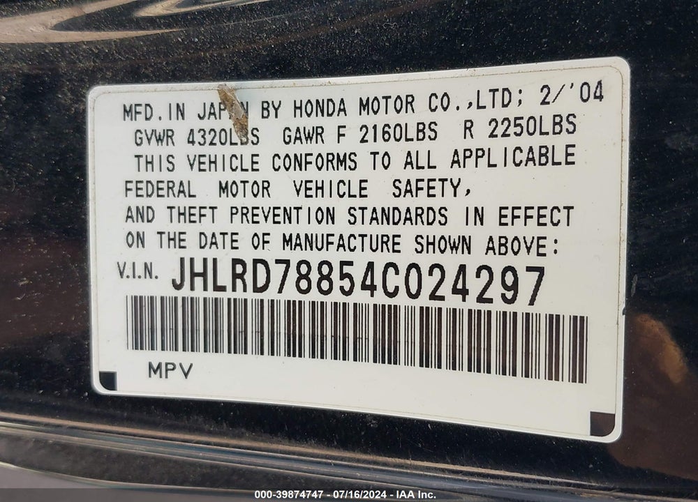 2004 HONDA CR-V EX VIN: JHLRD78854C024297
