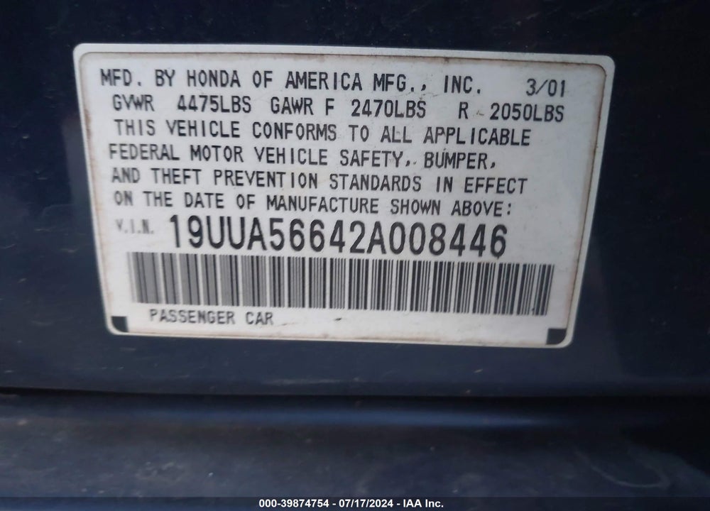 2002 ACURA TL 3.2 VIN: 19UUA56642A008446