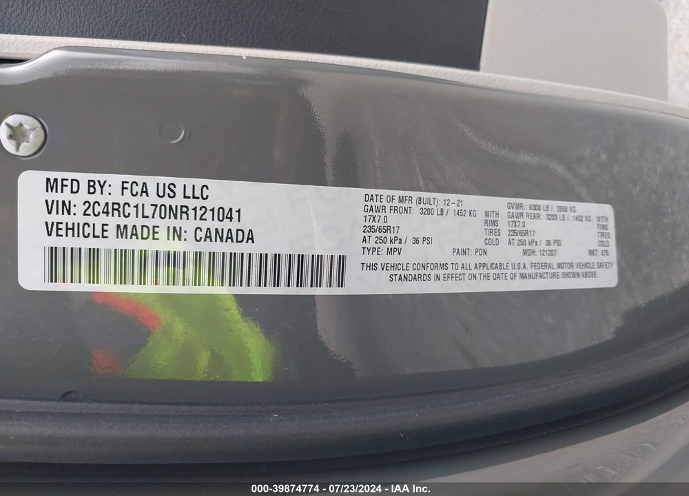 2022 CHRYSLER PACIFICA HYBRID TOURING L VIN: 2C4RC1L70NR121041