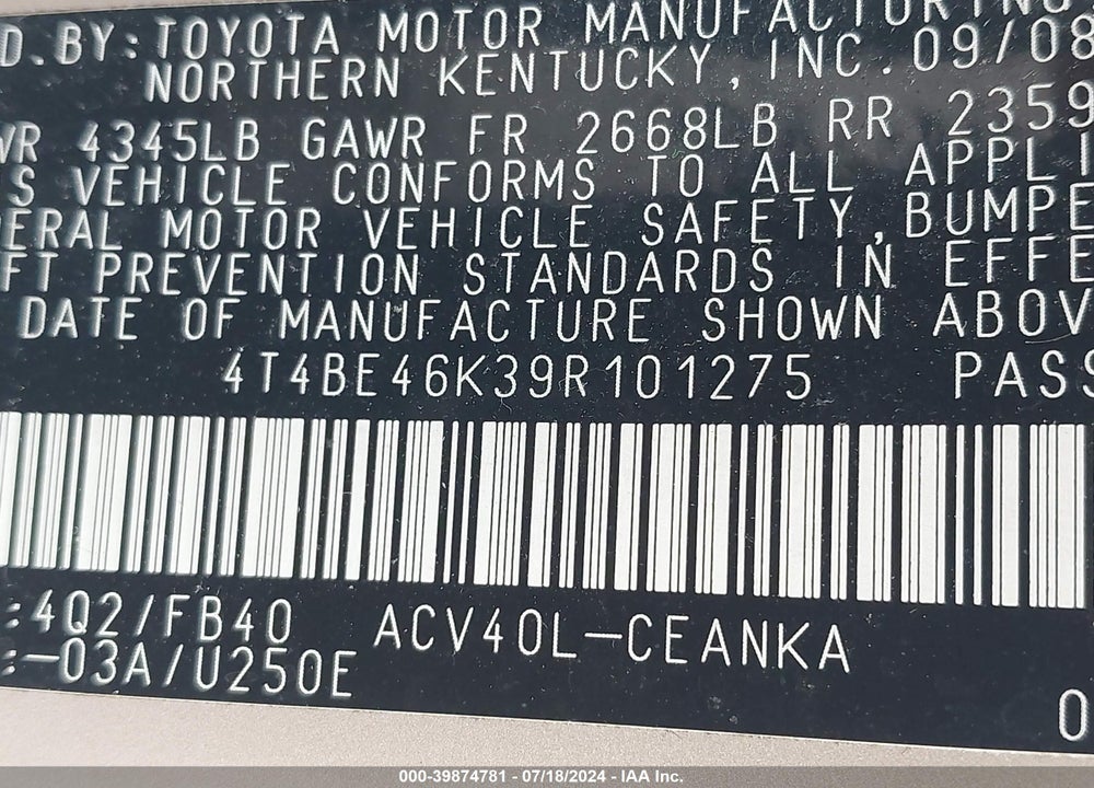 2009 TOYOTA CAMRY LE VIN: 4T4BE46K39R101275