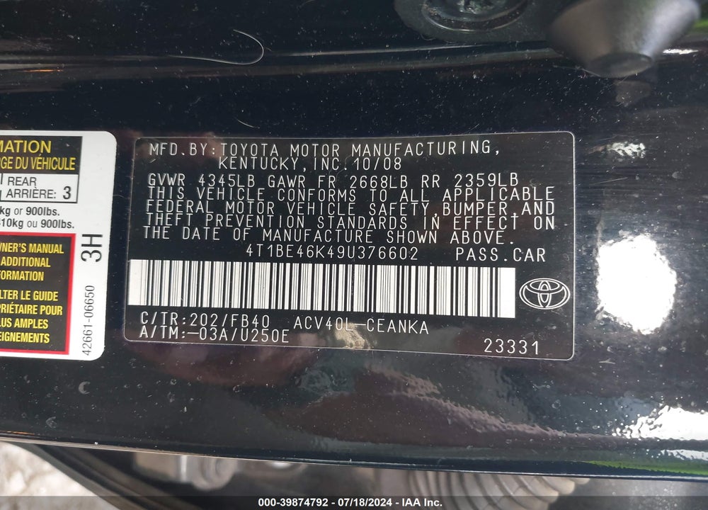 2009 TOYOTA CAMRY LE VIN: 4T1BE46K49U376602