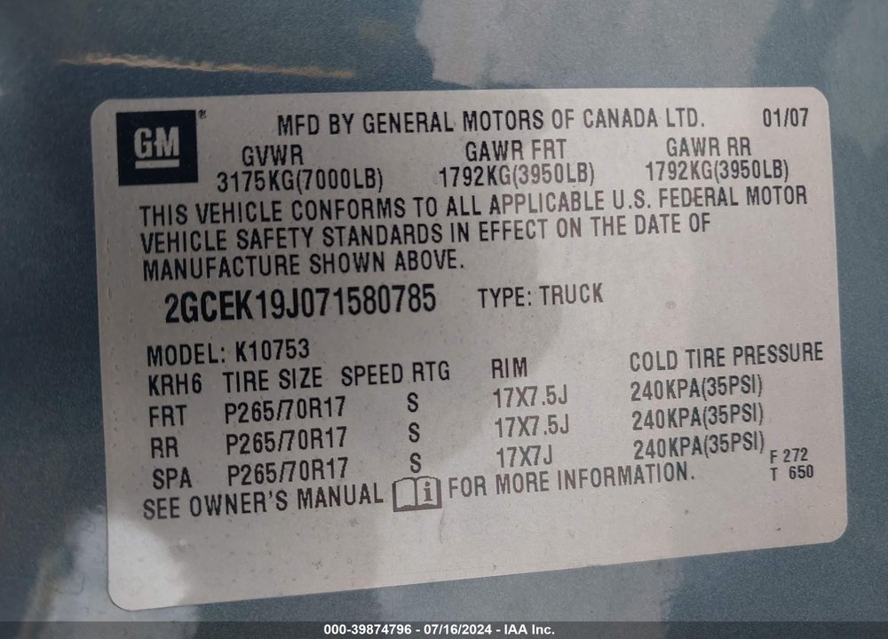 2007 CHEVROLET SILVERADO 1500 LT1 VIN: 2GCEK19J071580785
