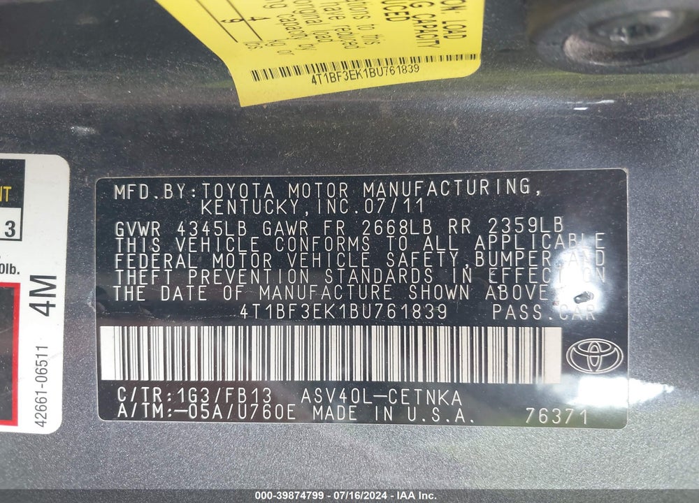 2011 TOYOTA CAMRY LE VIN: 4T1BF3EK1BU761839
