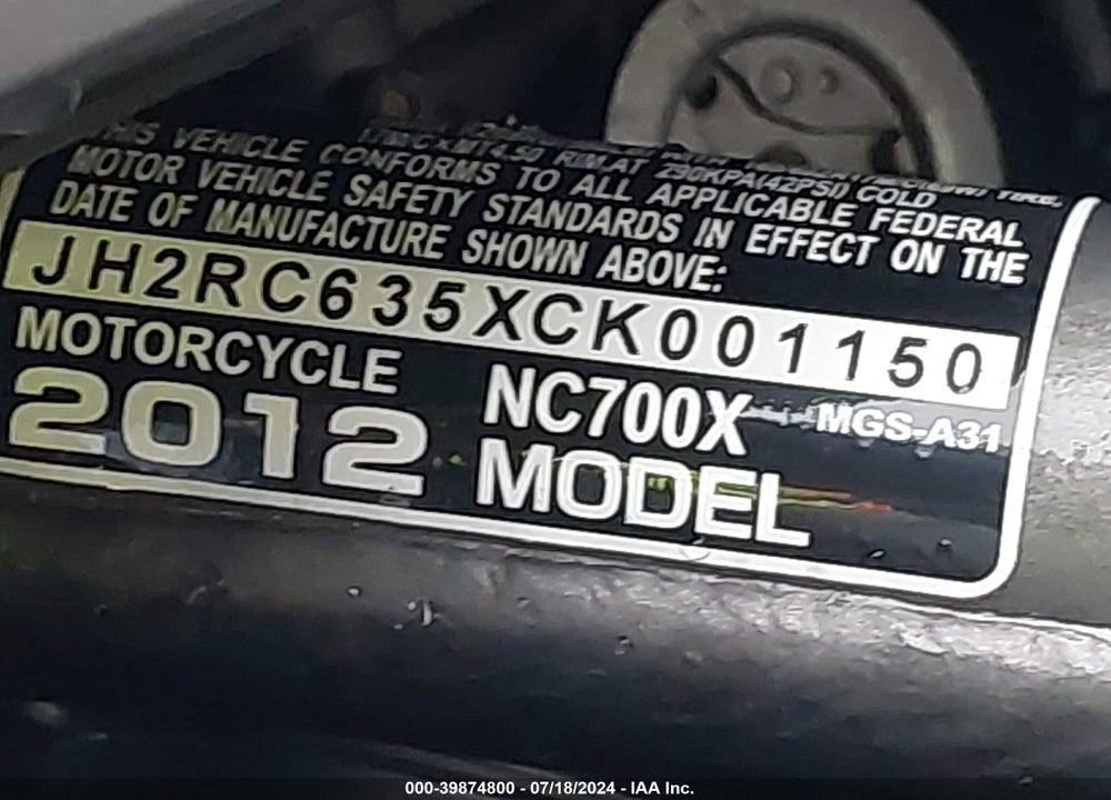 2012 HONDA NC700X VIN: JH2RC635XCK001150