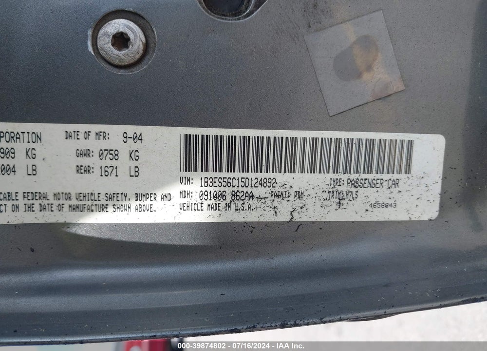 2005 DODGE NEON SXT VIN: 1B3ES56C15D124892