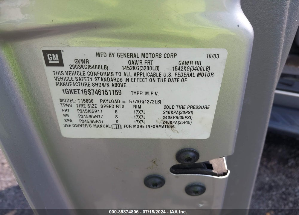 2004 GMC ENVOY XL VIN: 1GKET16S746151159