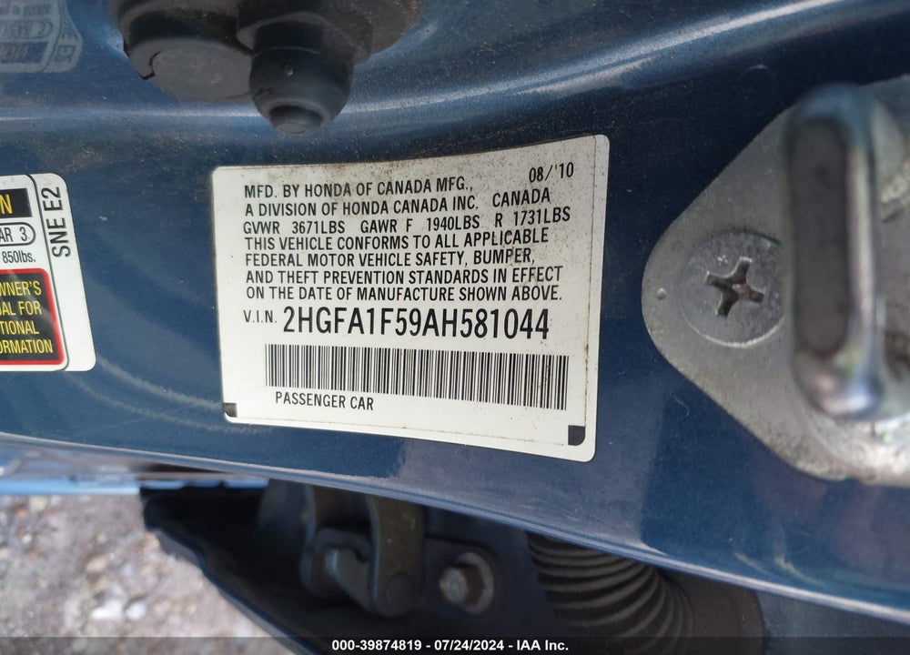 2010 HONDA CIVIC LX VIN: 2HGFA1F59AH581044