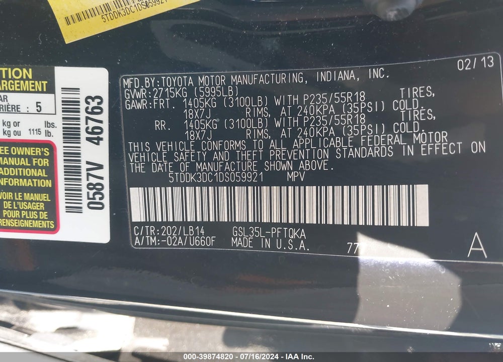 2013 TOYOTA SIENNA XLE 7 PASSENGER VIN: 5TDDK3DC1DS059921