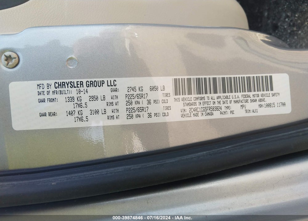 2015 CHRYSLER TOWN & COUNTRY TOURING-L VIN: 2C4RC1CG5FR583824