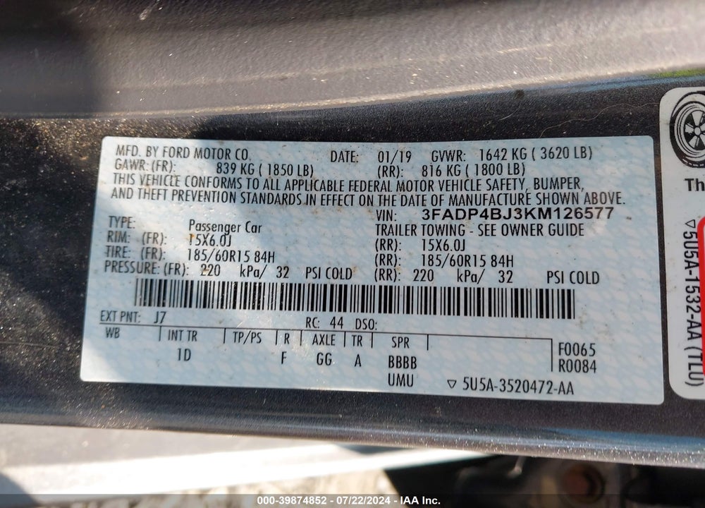 2019 FORD FIESTA SE VIN: 3FADP4BJ3KM126577
