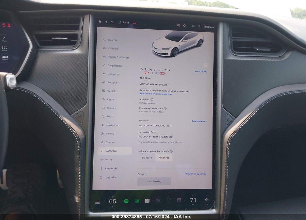 2019 TESLA MODEL S 100D/LONG RANGE/P100D/PERFORMANCE VIN: 5YJSA1E46KF308222