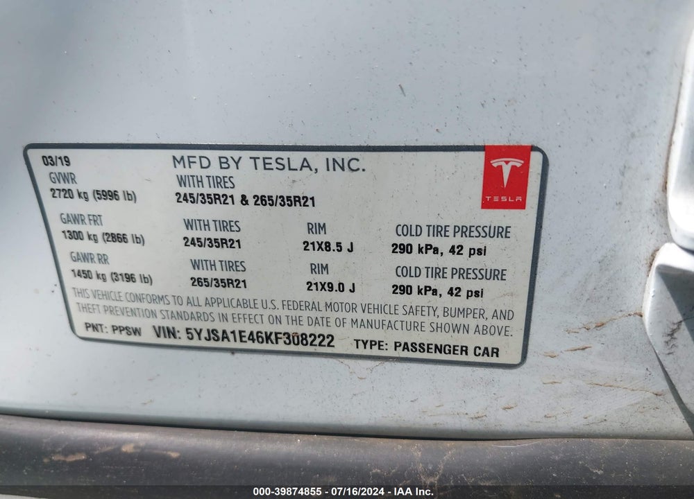 2019 TESLA MODEL S 100D/LONG RANGE/P100D/PERFORMANCE VIN: 5YJSA1E46KF308222
