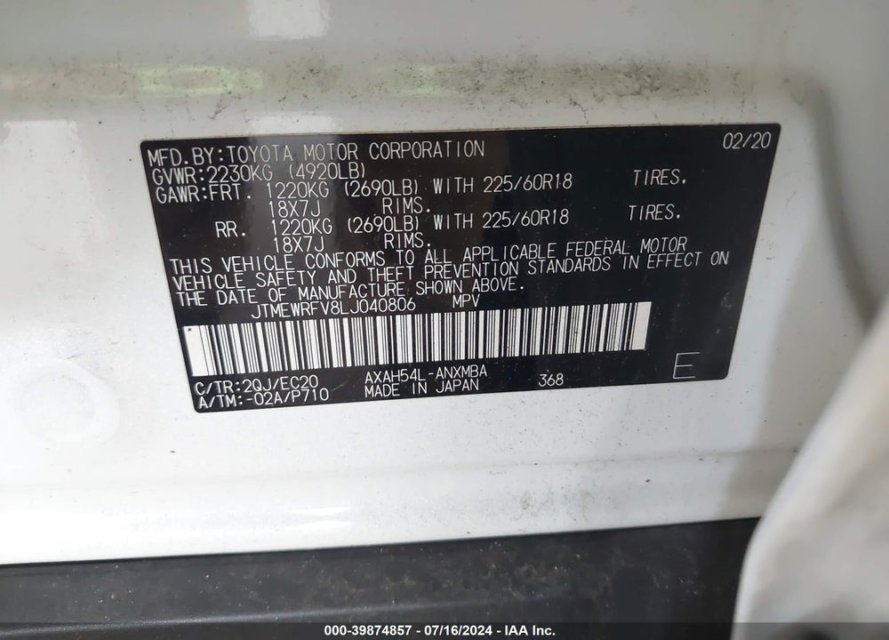 2020 TOYOTA RAV4 HYBRID XSE VIN: JTMEWRFV8LJ040806