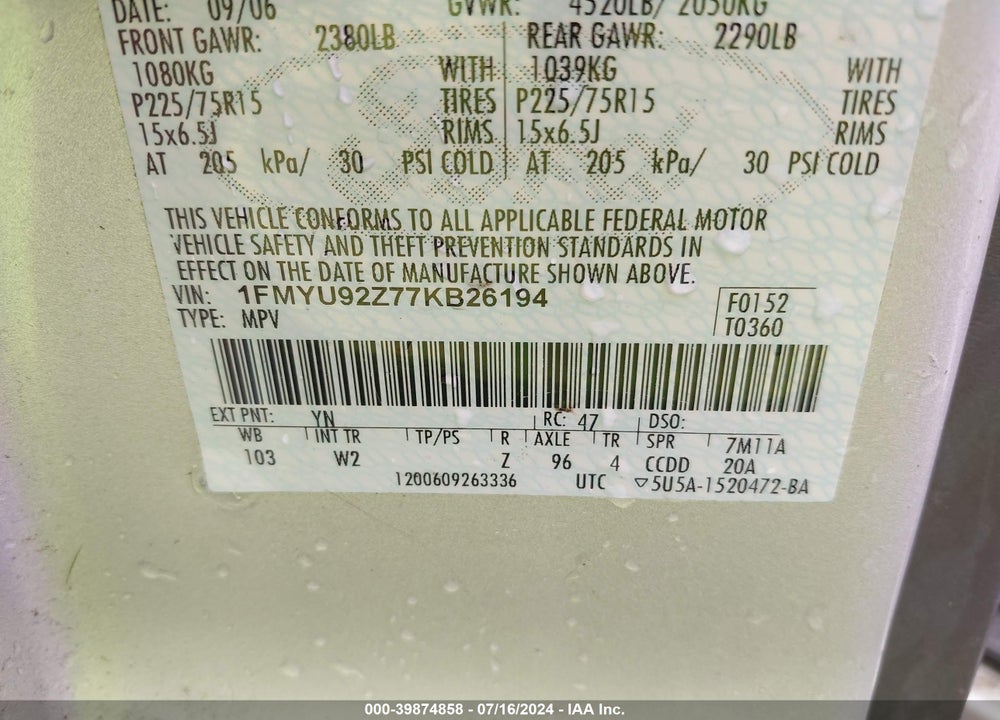 2007 FORD ESCAPE XLS/XLS MANUAL VIN: 1FMYU92Z77KB26194