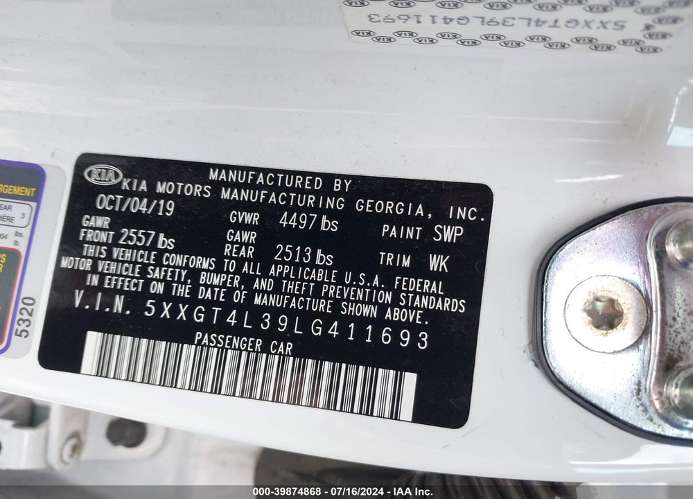 2020 KIA OPTIMA S VIN: 5XXGT4L39LG411693
