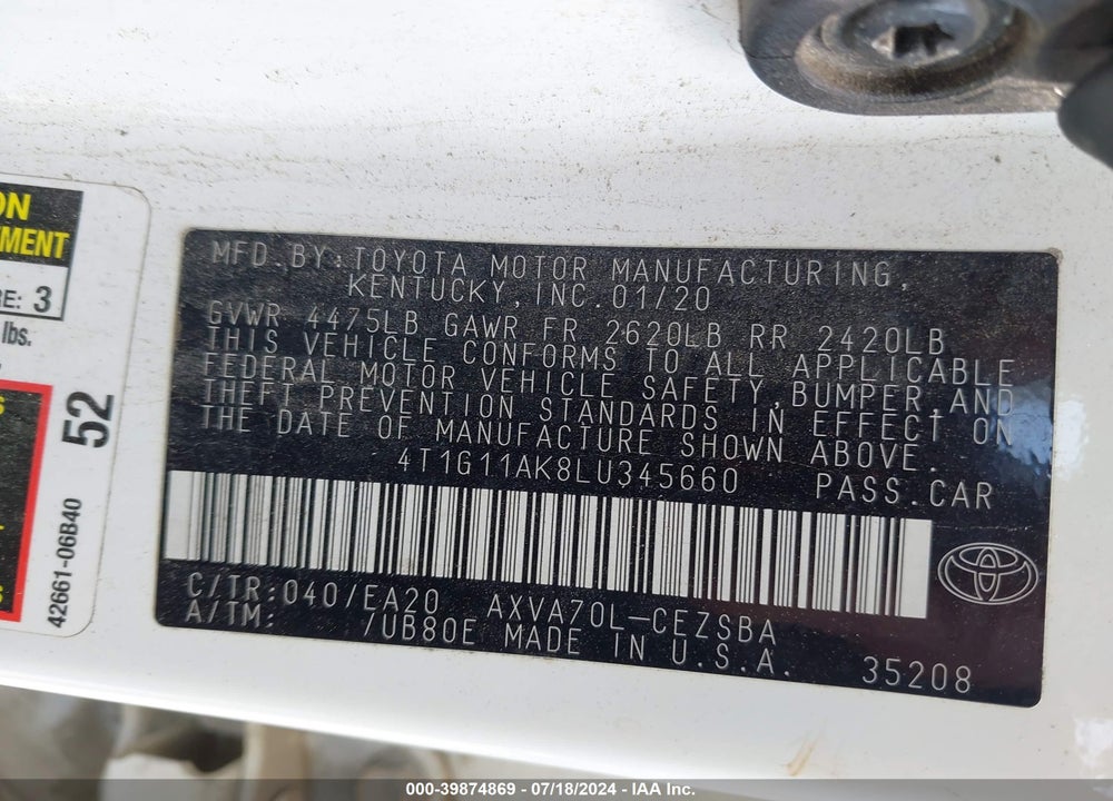 2020 TOYOTA CAMRY SE VIN: 4T1G11AK8LU345660
