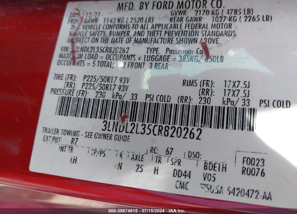 2012 LINCOLN MKZ HYBRID VIN: 3LNDL2L35CR820262