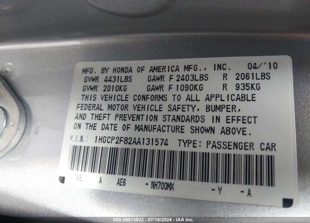 2010 HONDA ACCORD SDN 2.4 EX-L/EX-L VIN: 1HGCP2F82AA131574