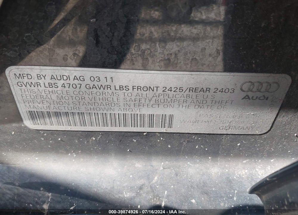 2011 AUDI A4 2.0T PREMIUM VIN: WAUEFAFL2BN049134