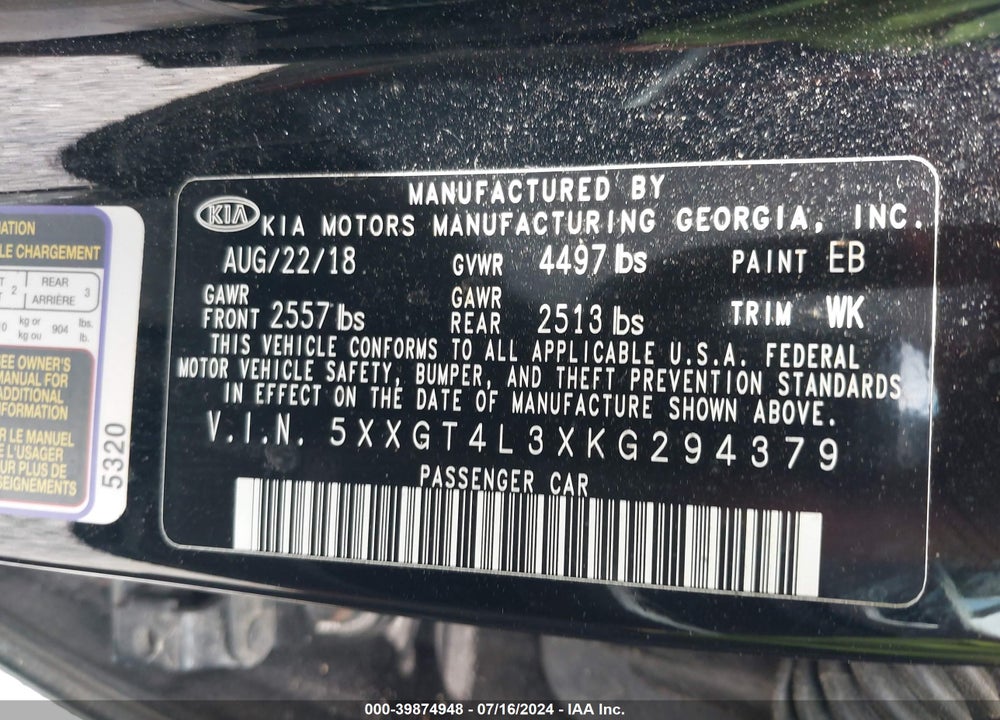 2019 KIA OPTIMA S VIN: 5XXGT4L3XKG294379