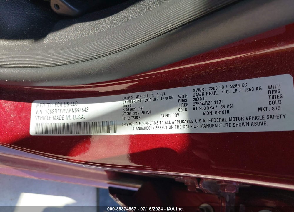 2021 RAM 1500 BIG HORN 4X4 5'7 BOX VIN: 1C6SRFFM7MN696643