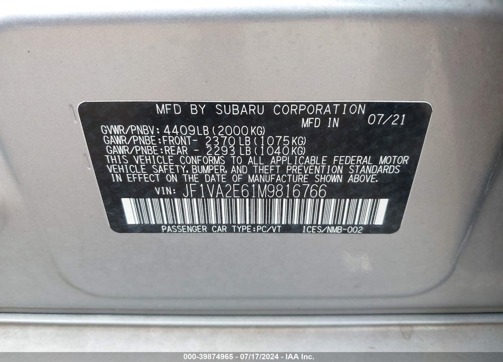 2021 SUBARU WRX STI VIN: JF1VA2E61M9816766