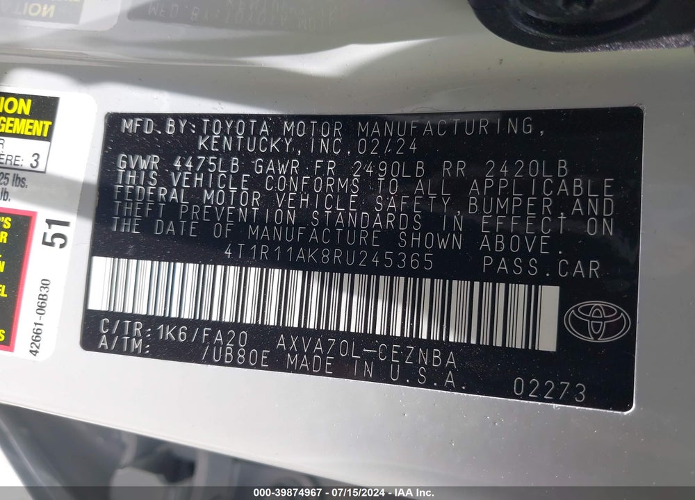 2024 TOYOTA CAMRY LE VIN: 4T1R11AK8RU245365