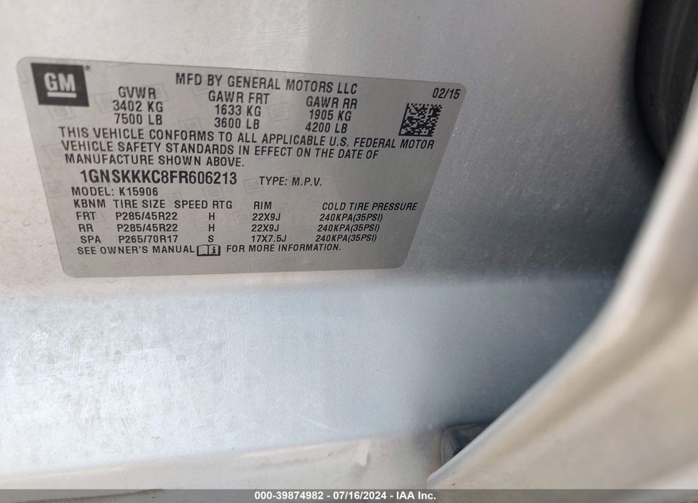 2015 CHEVROLET SUBURBAN 1500 LTZ VIN: 1GNSKKKC8FR606213