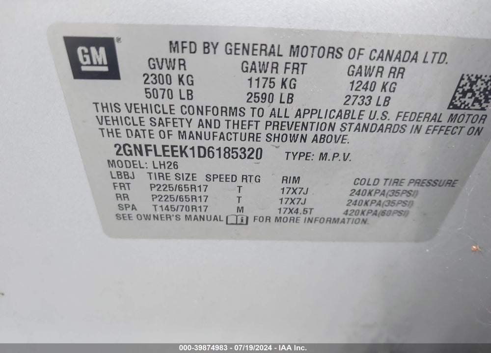 2013 CHEVROLET EQUINOX 1LT VIN: 2GNFLEEK1D6185320