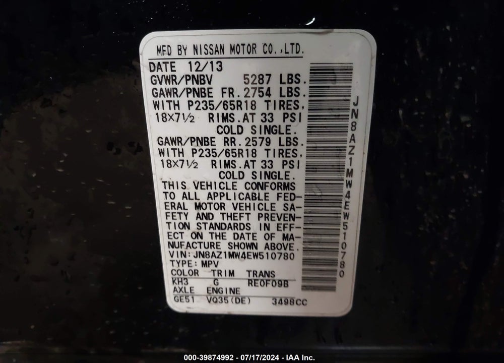 2014 NISSAN MURANO LE/S/SL/SV VIN: JN8AZ1MW4EW510780